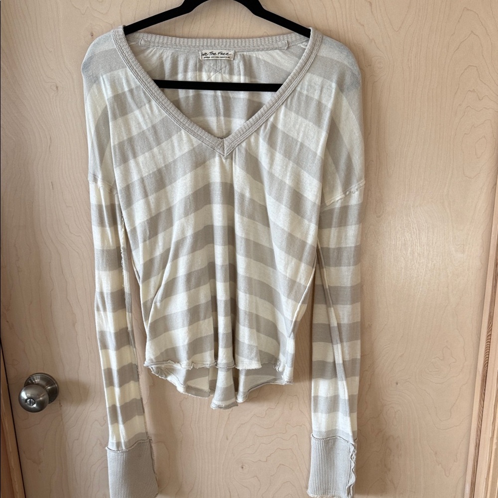 Free People We the Free Sail Away Cream and Gray Striped Long Sleeve Tee